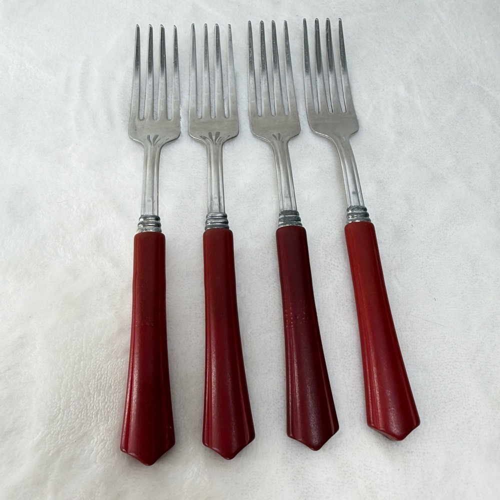 VTG Red Bakelite Handle‎ Dinner Forks Set of 4 Mid Century Retro MCM
